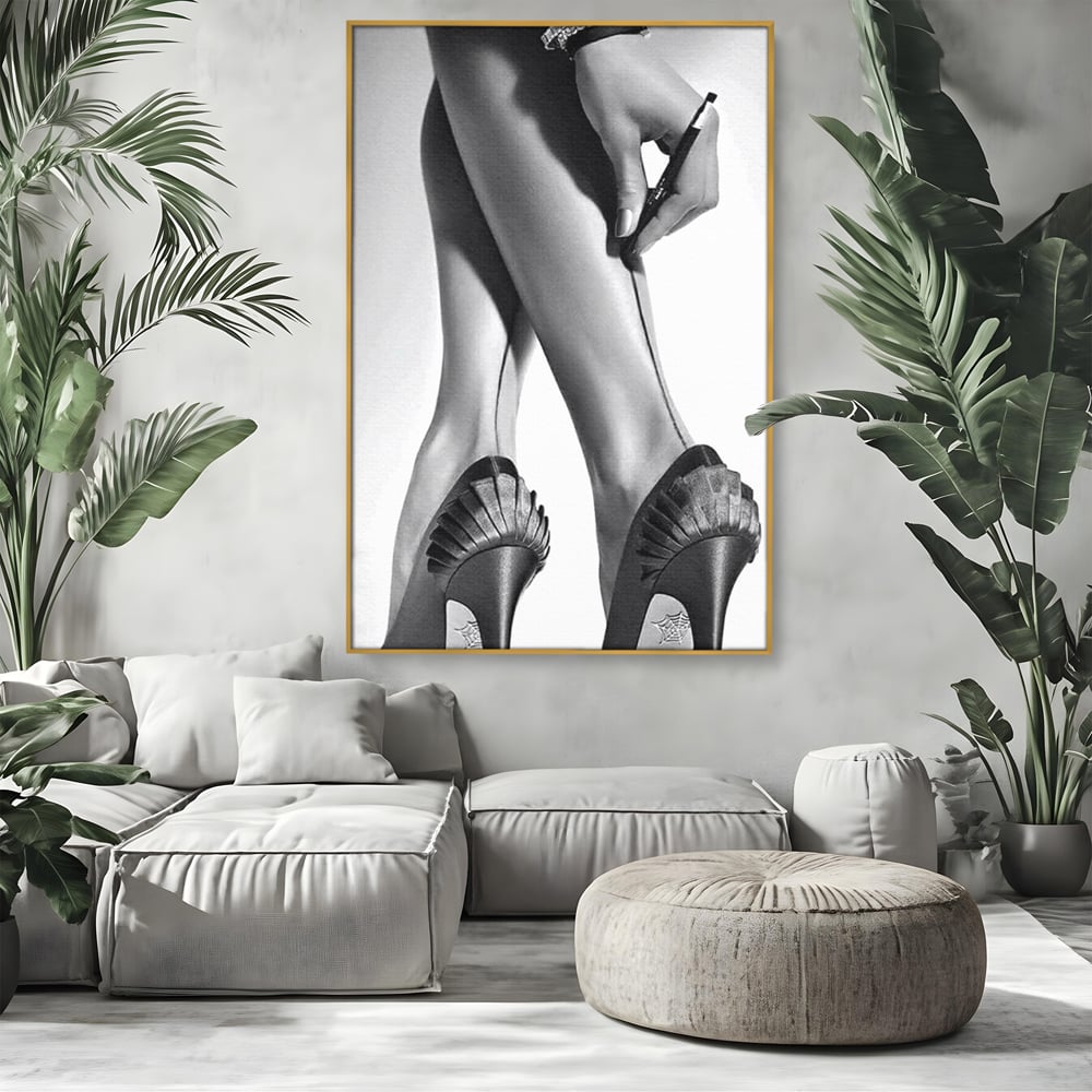 Tablou Canvas Premium, LuxCanva® P1052, Rafinament in Miscare, Dres, Linie, Pantofi, Tocuri, Pasi, Eleganta, Arta, Moda, Glamour, Picioare, Detaliu, Alb, Negru, Living, Dormitor