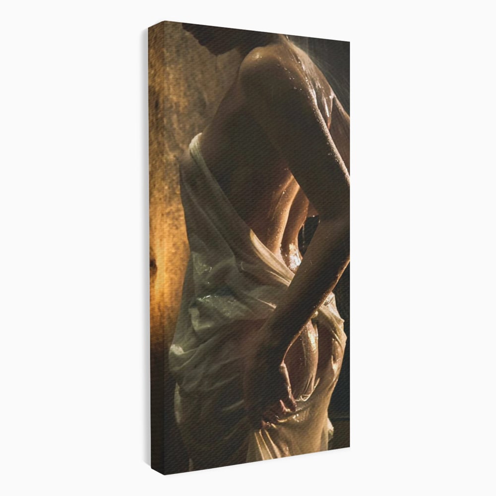 Leinwand Premium Canvas Wandkunst, LuxCanva® P1054, Wasser gewickelt, Licht, warm, Wasser, Textur, Schatten, nass, Ton, golden, sinnlich, sexy, flüssig, Spritzer, Schatten, Bewegung, Wohnen, Schlafzimmer