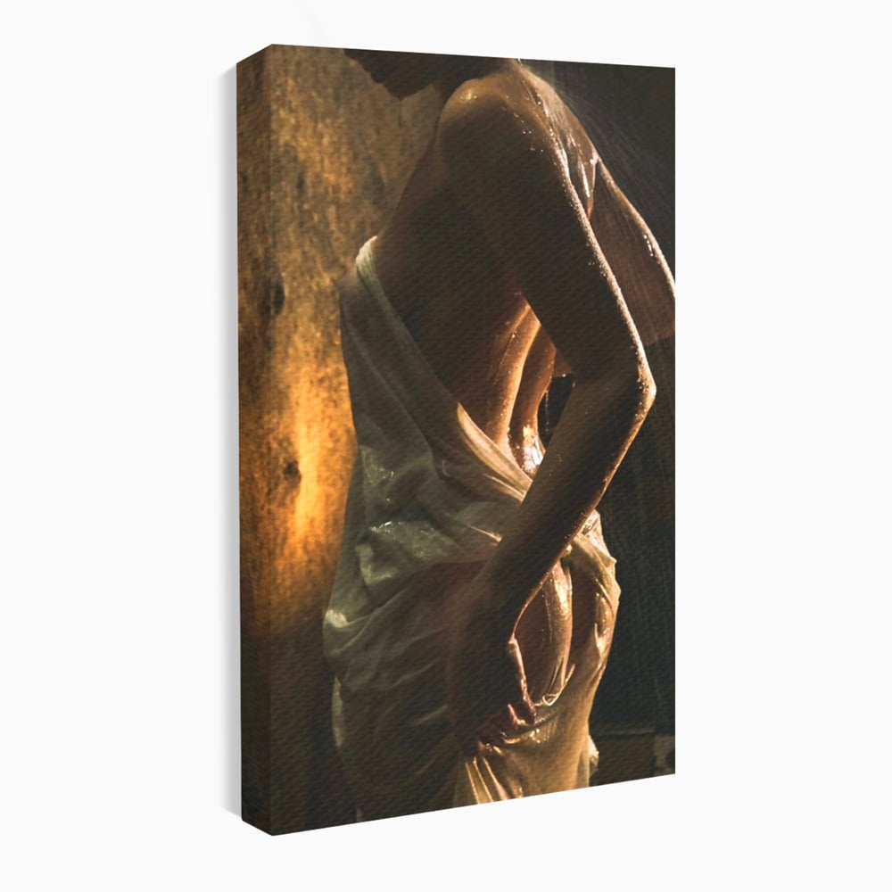 Leinwand Premium Canvas Wandkunst, LuxCanva® P1054, Wasser gewickelt, Licht, warm, Wasser, Textur, Schatten, nass, Ton, golden, sinnlich, sexy, flüssig, Spritzer, Schatten, Bewegung, Wohnen, Schlafzimmer