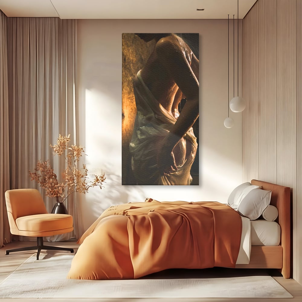 Leinwand Premium Canvas Wandkunst, LuxCanva® P1054, Wasser gewickelt, Licht, warm, Wasser, Textur, Schatten, nass, Ton, golden, sinnlich, sexy, flüssig, Spritzer, Schatten, Bewegung, Wohnen, Schlafzimmer