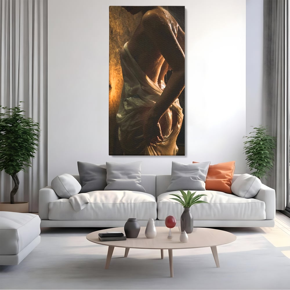 Leinwand Premium Canvas Wandkunst, LuxCanva® P1054, Wasser gewickelt, Licht, warm, Wasser, Textur, Schatten, nass, Ton, golden, sinnlich, sexy, flüssig, Spritzer, Schatten, Bewegung, Wohnen, Schlafzimmer
