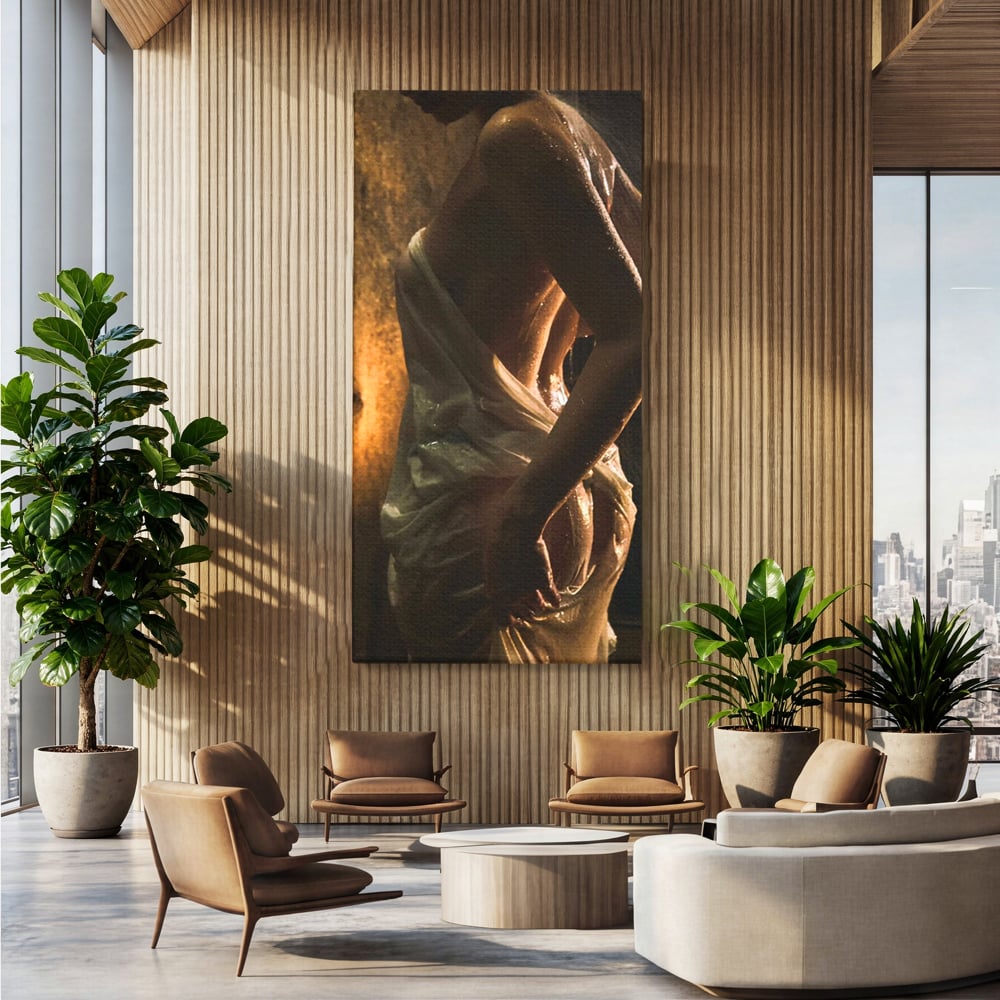 Leinwand Premium Canvas Wandkunst, LuxCanva® P1054, Wasser gewickelt, Licht, warm, Wasser, Textur, Schatten, nass, Ton, golden, sinnlich, sexy, flüssig, Spritzer, Schatten, Bewegung, Wohnen, Schlafzimmer