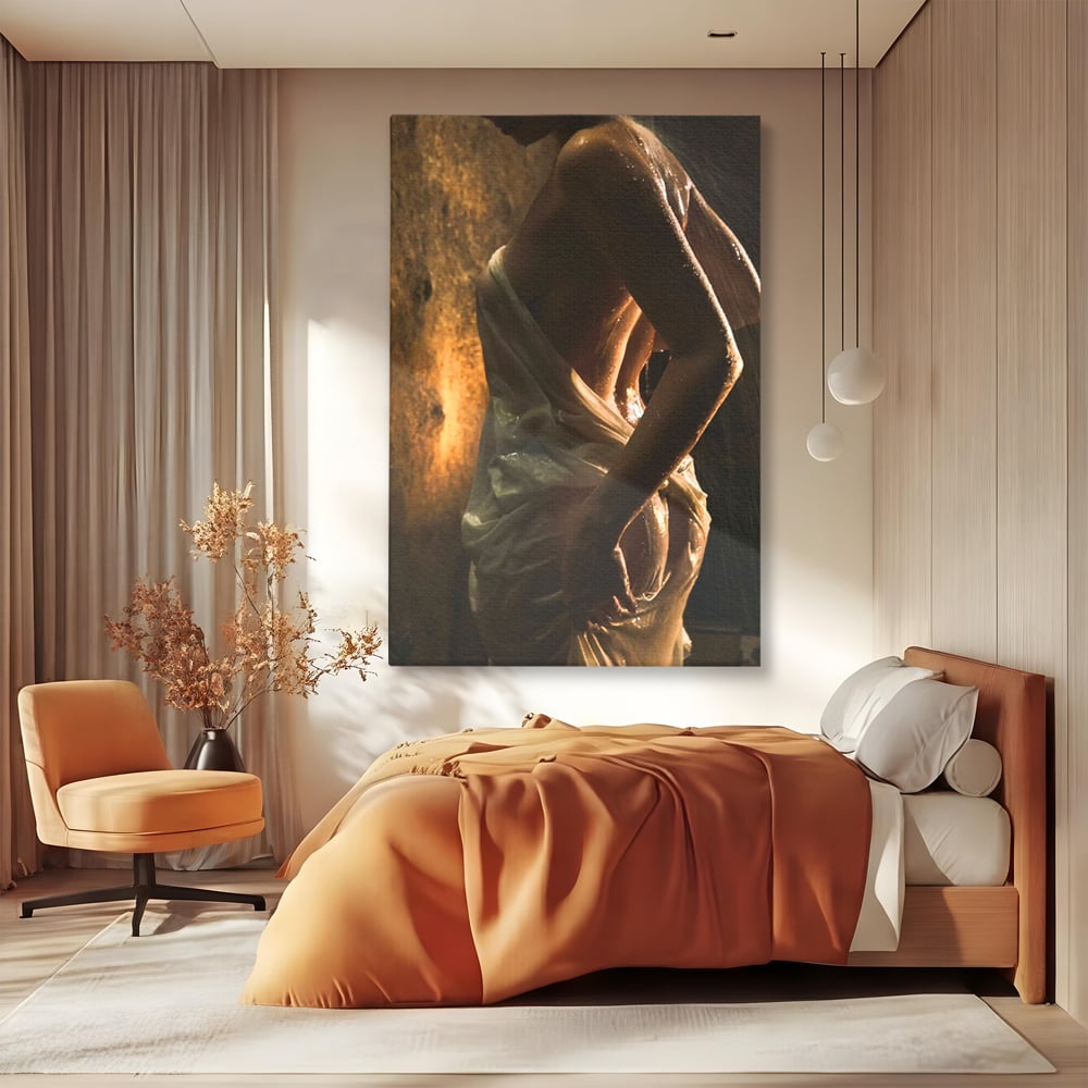 Leinwand Premium Canvas Wandkunst, LuxCanva® P1054, Wasser gewickelt, Licht, warm, Wasser, Textur, Schatten, nass, Ton, golden, sinnlich, sexy, flüssig, Spritzer, Schatten, Bewegung, Wohnen, Schlafzimmer