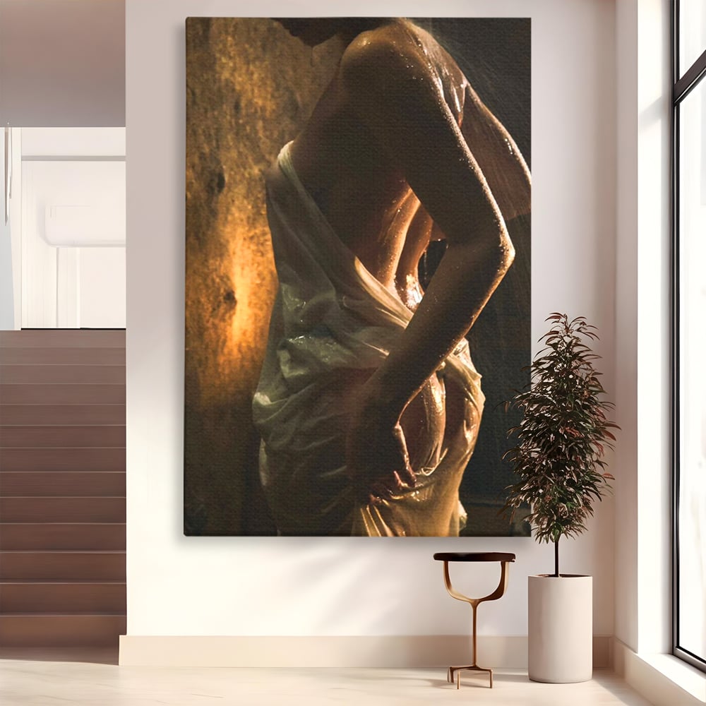 Leinwand Premium Canvas Wandkunst, LuxCanva® P1054, Wasser gewickelt, Licht, warm, Wasser, Textur, Schatten, nass, Ton, golden, sinnlich, sexy, flüssig, Spritzer, Schatten, Bewegung, Wohnen, Schlafzimmer