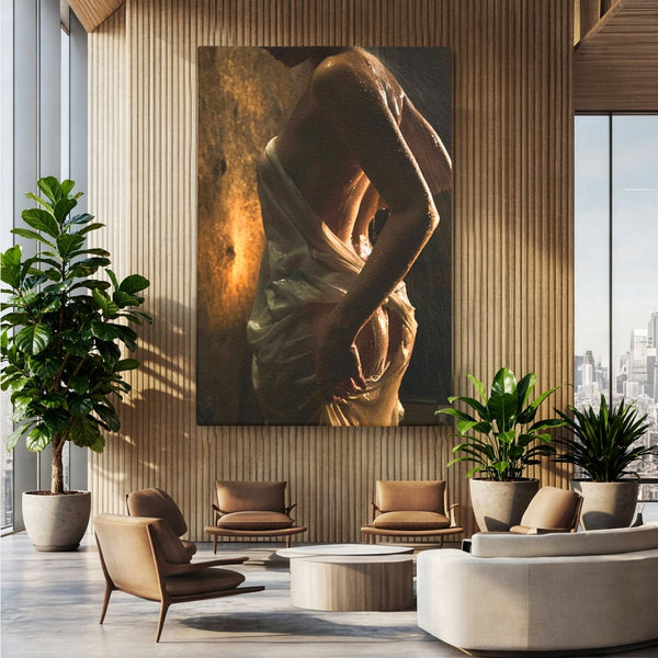Leinwand Premium Canvas Wandkunst, LuxCanva® P1054, Wasser gewickelt, Licht, warm, Wasser, Textur, Schatten, nass, Ton, golden, sinnlich, sexy, flüssig, Spritzer, Schatten, Bewegung, Wohnen, Schlafzimmer