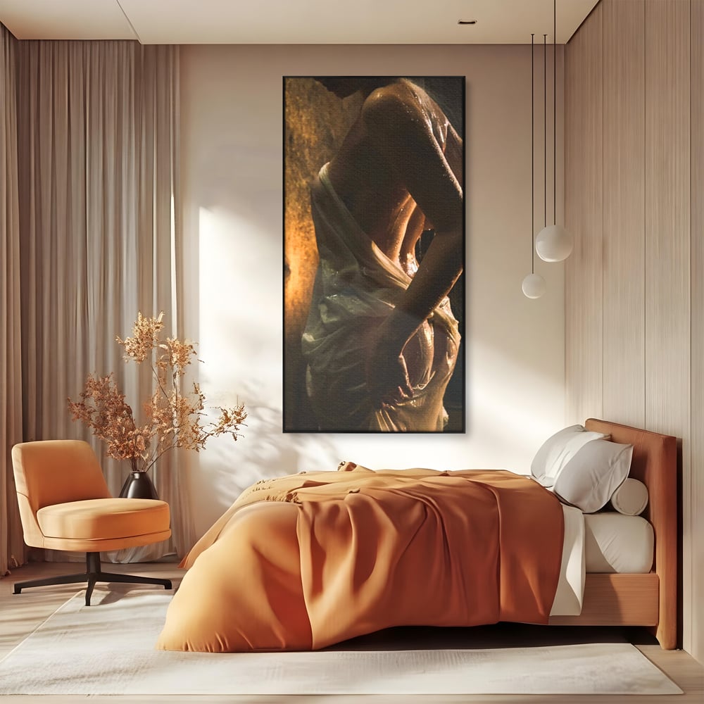 Leinwand Premium Canvas Wandkunst, LuxCanva® P1054, Wasser gewickelt, Licht, warm, Wasser, Textur, Schatten, nass, Ton, golden, sinnlich, sexy, flüssig, Spritzer, Schatten, Bewegung, Wohnen, Schlafzimmer
