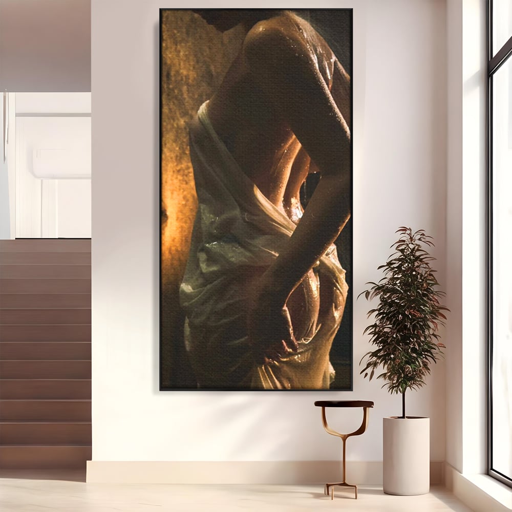 Leinwand Premium Canvas Wandkunst, LuxCanva® P1054, Wasser gewickelt, Licht, warm, Wasser, Textur, Schatten, nass, Ton, golden, sinnlich, sexy, flüssig, Spritzer, Schatten, Bewegung, Wohnen, Schlafzimmer