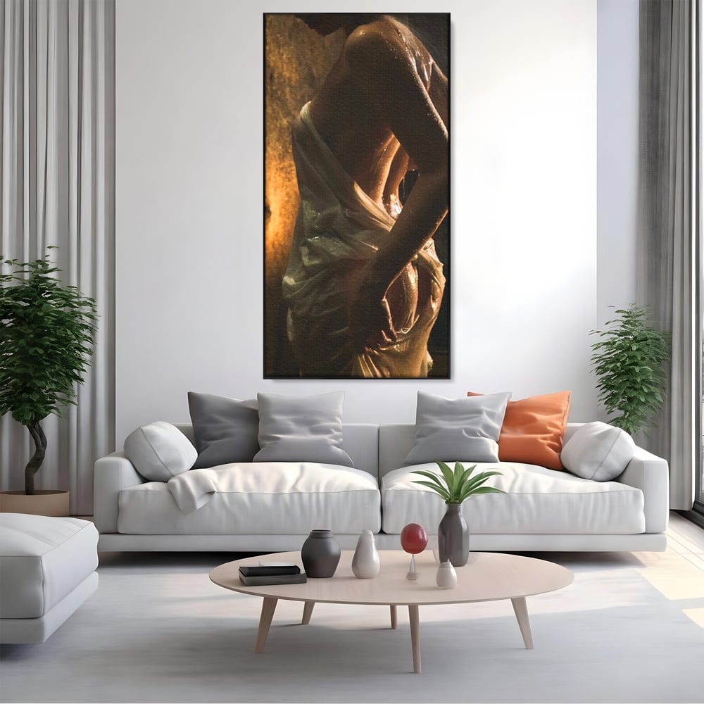 Leinwand Premium Canvas Wandkunst, LuxCanva® P1054, Wasser gewickelt, Licht, warm, Wasser, Textur, Schatten, nass, Ton, golden, sinnlich, sexy, flüssig, Spritzer, Schatten, Bewegung, Wohnen, Schlafzimmer