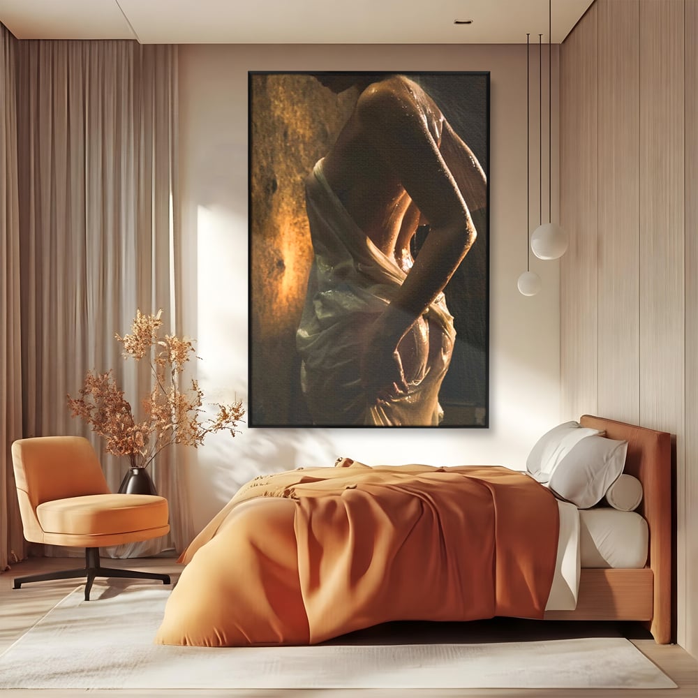 Leinwand Premium Canvas Wandkunst, LuxCanva® P1054, Wasser gewickelt, Licht, warm, Wasser, Textur, Schatten, nass, Ton, golden, sinnlich, sexy, flüssig, Spritzer, Schatten, Bewegung, Wohnen, Schlafzimmer