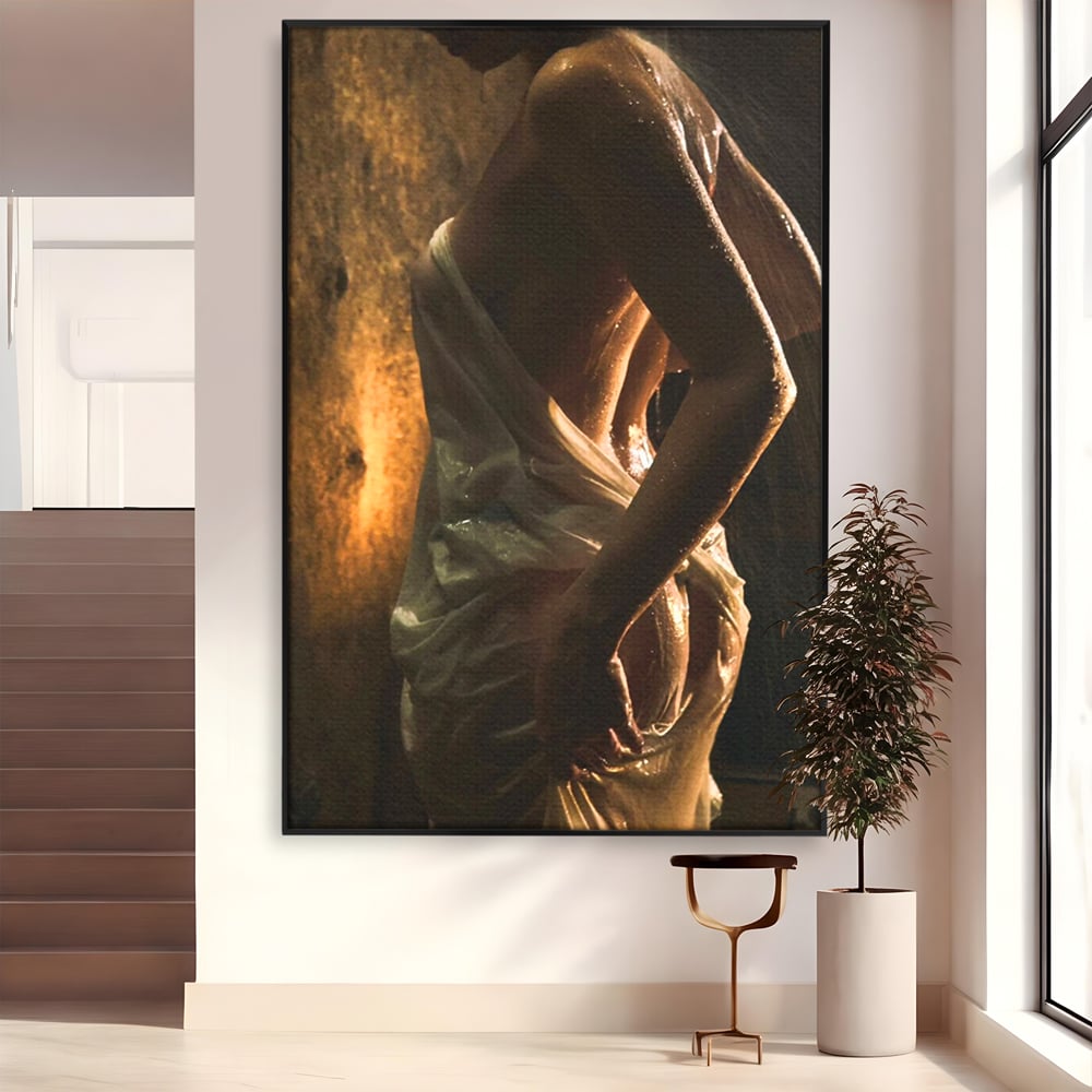 Leinwand Premium Canvas Wandkunst, LuxCanva® P1054, Wasser gewickelt, Licht, warm, Wasser, Textur, Schatten, nass, Ton, golden, sinnlich, sexy, flüssig, Spritzer, Schatten, Bewegung, Wohnen, Schlafzimmer