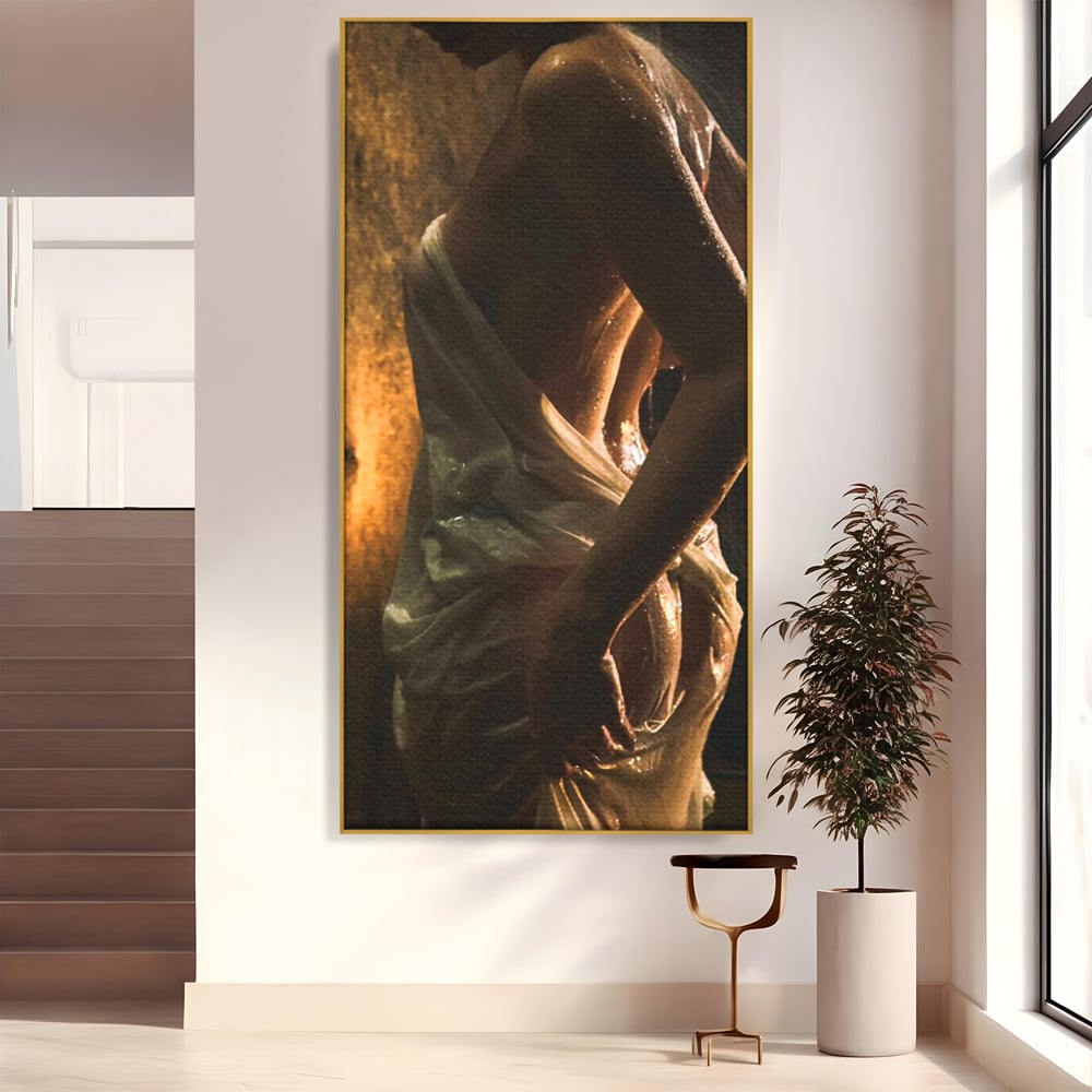 Leinwand Premium Canvas Wandkunst, LuxCanva® P1054, Wasser gewickelt, Licht, warm, Wasser, Textur, Schatten, nass, Ton, golden, sinnlich, sexy, flüssig, Spritzer, Schatten, Bewegung, Wohnen, Schlafzimmer