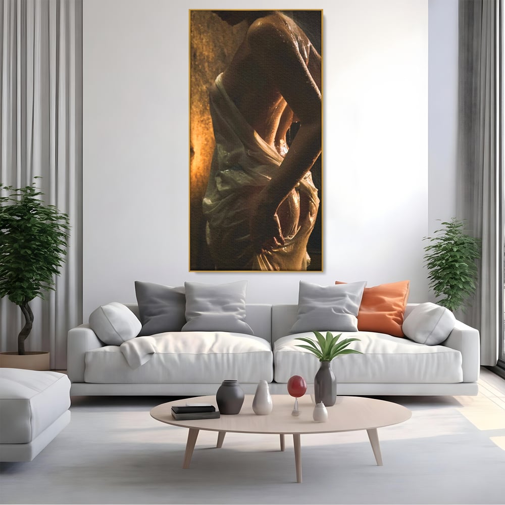 Leinwand Premium Canvas Wandkunst, LuxCanva® P1054, Wasser gewickelt, Licht, warm, Wasser, Textur, Schatten, nass, Ton, golden, sinnlich, sexy, flüssig, Spritzer, Schatten, Bewegung, Wohnen, Schlafzimmer