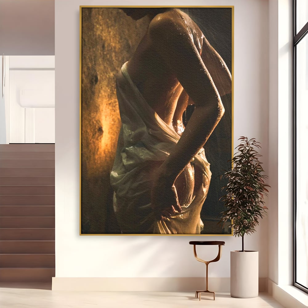 Leinwand Premium Canvas Wandkunst, LuxCanva® P1054, Wasser gewickelt, Licht, warm, Wasser, Textur, Schatten, nass, Ton, golden, sinnlich, sexy, flüssig, Spritzer, Schatten, Bewegung, Wohnen, Schlafzimmer