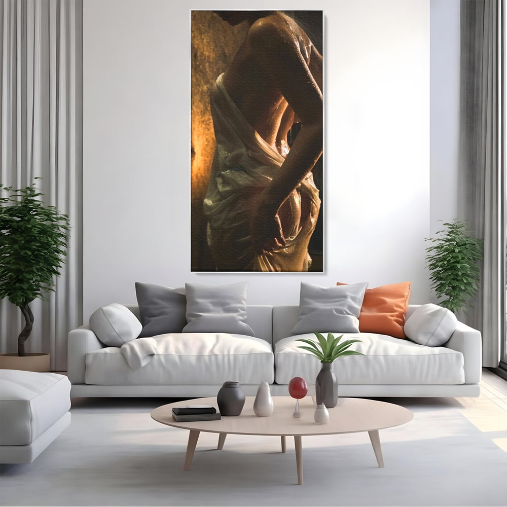 Leinwand Premium Canvas Wandkunst, LuxCanva® P1054, Wasser gewickelt, Licht, warm, Wasser, Textur, Schatten, nass, Ton, golden, sinnlich, sexy, flüssig, Spritzer, Schatten, Bewegung, Wohnen, Schlafzimmer