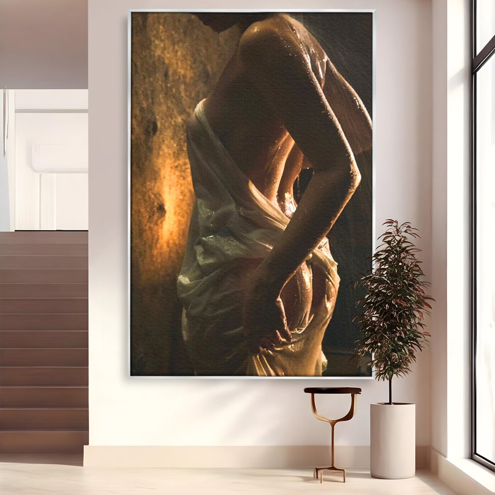 Leinwand Premium Canvas Wandkunst, LuxCanva® P1054, Wasser gewickelt, Licht, warm, Wasser, Textur, Schatten, nass, Ton, golden, sinnlich, sexy, flüssig, Spritzer, Schatten, Bewegung, Wohnen, Schlafzimmer