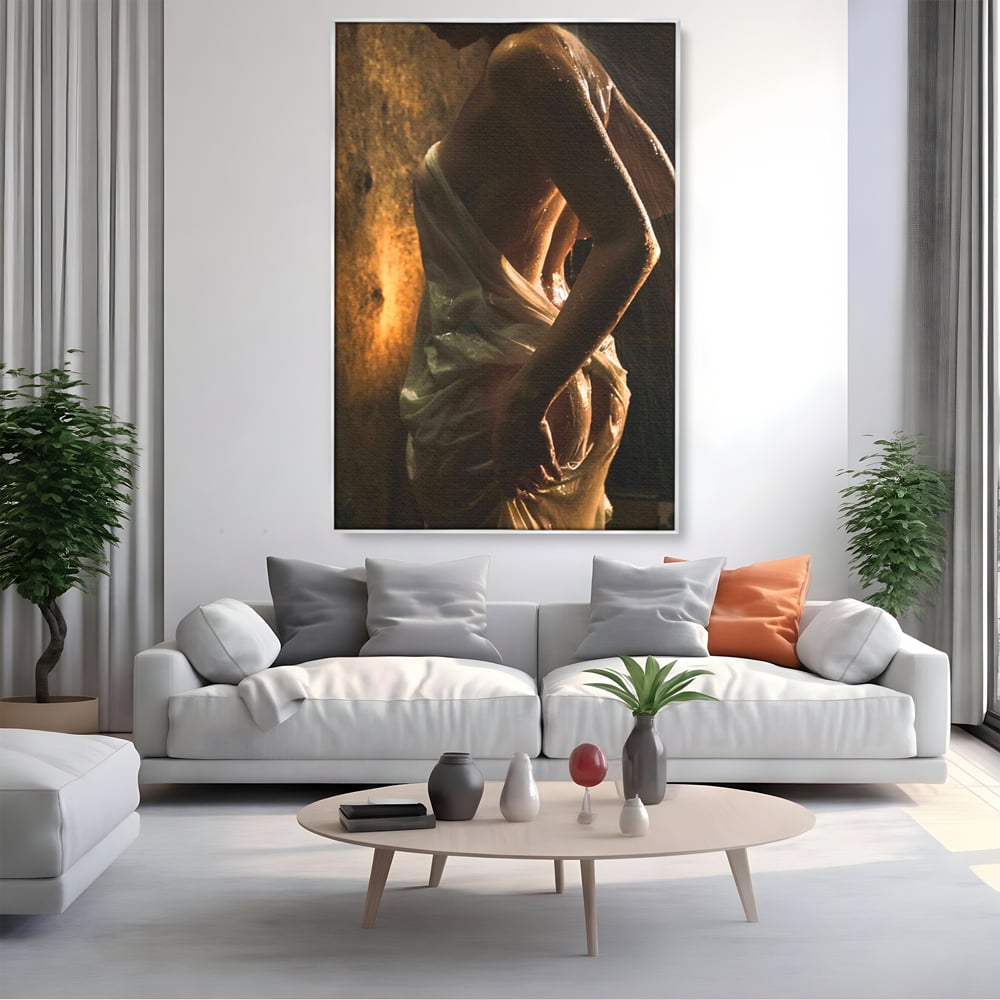 Leinwand Premium Canvas Wandkunst, LuxCanva® P1054, Wasser gewickelt, Licht, warm, Wasser, Textur, Schatten, nass, Ton, golden, sinnlich, sexy, flüssig, Spritzer, Schatten, Bewegung, Wohnen, Schlafzimmer