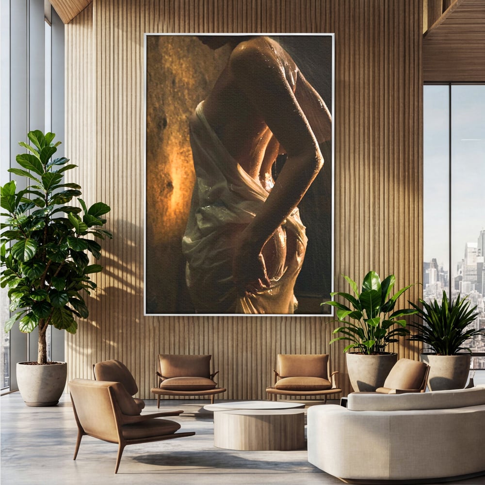 Leinwand Premium Canvas Wandkunst, LuxCanva® P1054, Wasser gewickelt, Licht, warm, Wasser, Textur, Schatten, nass, Ton, golden, sinnlich, sexy, flüssig, Spritzer, Schatten, Bewegung, Wohnen, Schlafzimmer