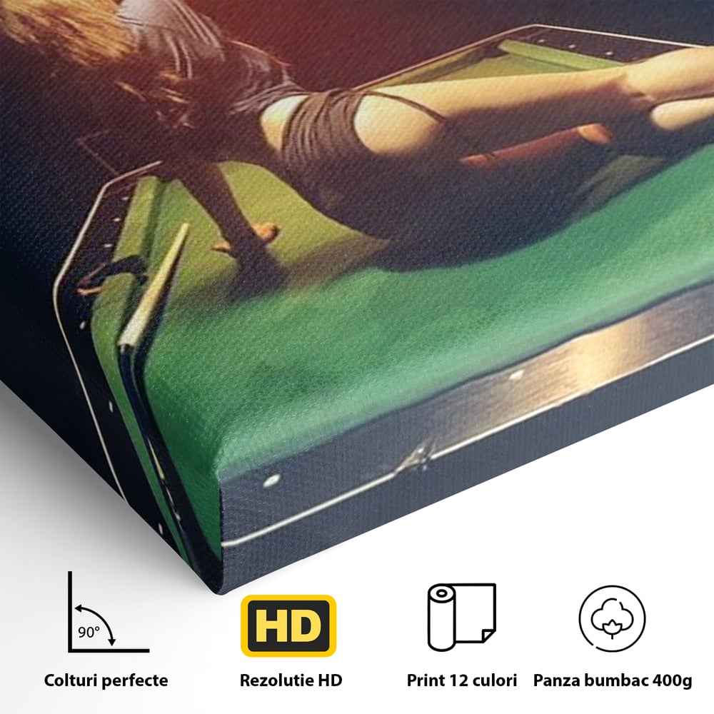 Leinwand Wandkunst Canvas Premium, LuxCanva® P1056, Billardtisch, Spiel, Zimmer, Nacht, Tisch, Grün, Silhouette, Silhouette, Atmosphäre, Spaß, sinnlich, filmisch, Queue, Kugeln, Abend, Wohnen, Schlafzimmer