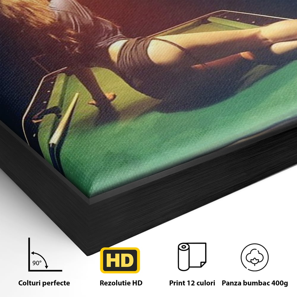 Leinwand Wandkunst Canvas Premium, LuxCanva® P1056, Billardtisch, Spiel, Zimmer, Nacht, Tisch, Grün, Silhouette, Silhouette, Atmosphäre, Spaß, sinnlich, filmisch, Queue, Kugeln, Abend, Wohnen, Schlafzimmer