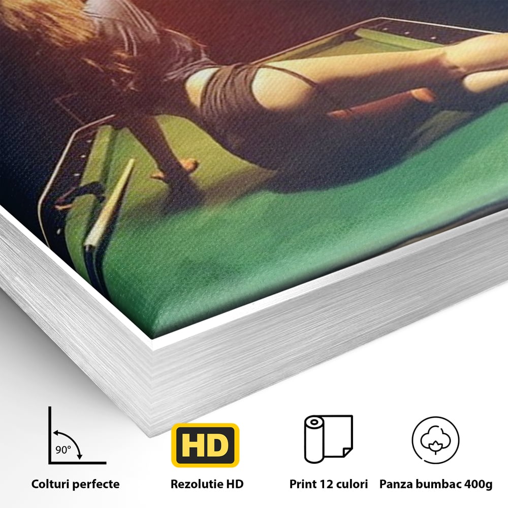 Leinwand Wandkunst Canvas Premium, LuxCanva® P1056, Billardtisch, Spiel, Zimmer, Nacht, Tisch, Grün, Silhouette, Silhouette, Atmosphäre, Spaß, sinnlich, filmisch, Queue, Kugeln, Abend, Wohnen, Schlafzimmer