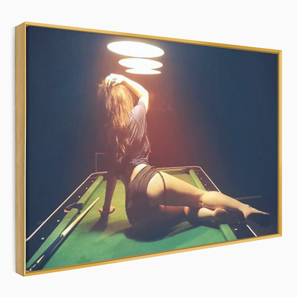 Leinwand Wandkunst Canvas Premium, LuxCanva® P1056, Billardtisch, Spiel, Zimmer, Nacht, Tisch, Grün, Silhouette, Silhouette, Atmosphäre, Spaß, sinnlich, filmisch, Queue, Kugeln, Abend, Wohnen, Schlafzimmer