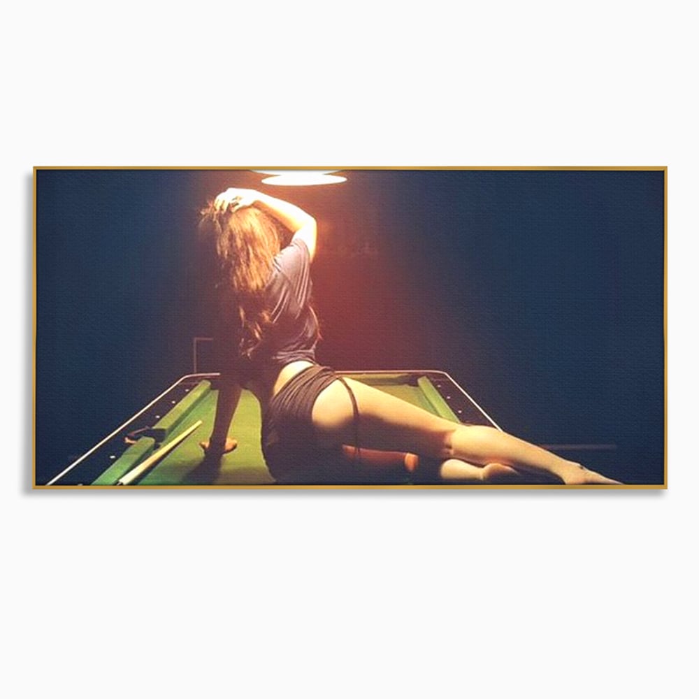 Leinwand Wandkunst Canvas Premium, LuxCanva® P1056, Billardtisch, Spiel, Zimmer, Nacht, Tisch, Grün, Silhouette, Silhouette, Atmosphäre, Spaß, sinnlich, filmisch, Queue, Kugeln, Abend, Wohnen, Schlafzimmer