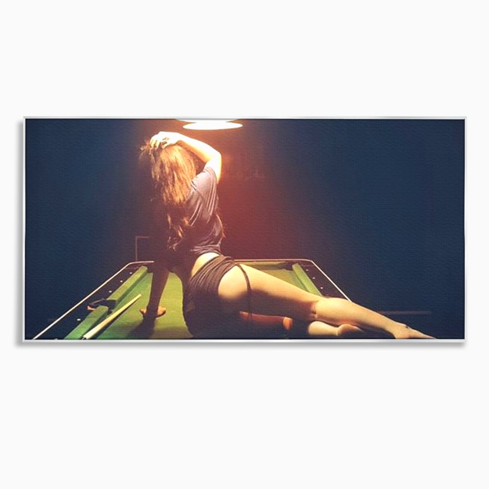 Leinwand Wandkunst Canvas Premium, LuxCanva® P1056, Billardtisch, Spiel, Zimmer, Nacht, Tisch, Grün, Silhouette, Silhouette, Atmosphäre, Spaß, sinnlich, filmisch, Queue, Kugeln, Abend, Wohnen, Schlafzimmer