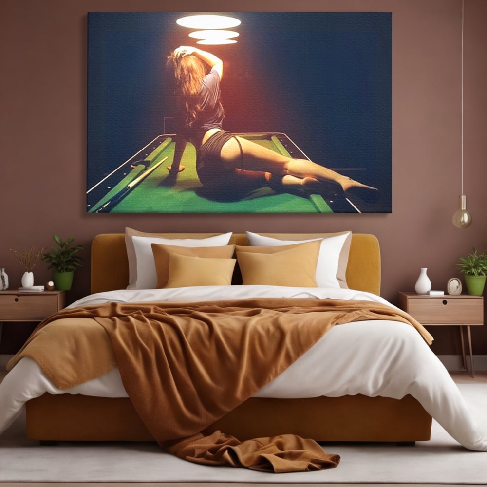 Leinwand Wandkunst Canvas Premium, LuxCanva® P1056, Billardtisch, Spiel, Zimmer, Nacht, Tisch, Grün, Silhouette, Silhouette, Atmosphäre, Spaß, sinnlich, filmisch, Queue, Kugeln, Abend, Wohnen, Schlafzimmer