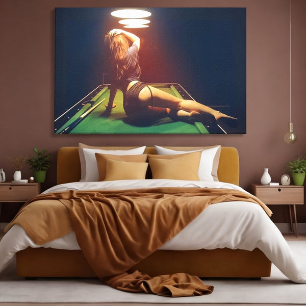 Leinwand Wandkunst Canvas Premium, LuxCanva® P1056, Billardtisch, Spiel, Zimmer, Nacht, Tisch, Grün, Silhouette, Silhouette, Atmosphäre, Spaß, sinnlich, filmisch, Queue, Kugeln, Abend, Wohnen, Schlafzimmer