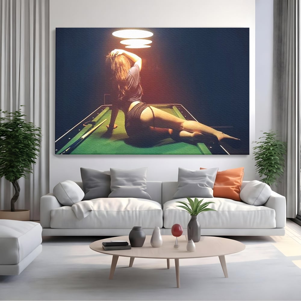 Leinwand Wandkunst Canvas Premium, LuxCanva® P1056, Billardtisch, Spiel, Zimmer, Nacht, Tisch, Grün, Silhouette, Silhouette, Atmosphäre, Spaß, sinnlich, filmisch, Queue, Kugeln, Abend, Wohnen, Schlafzimmer