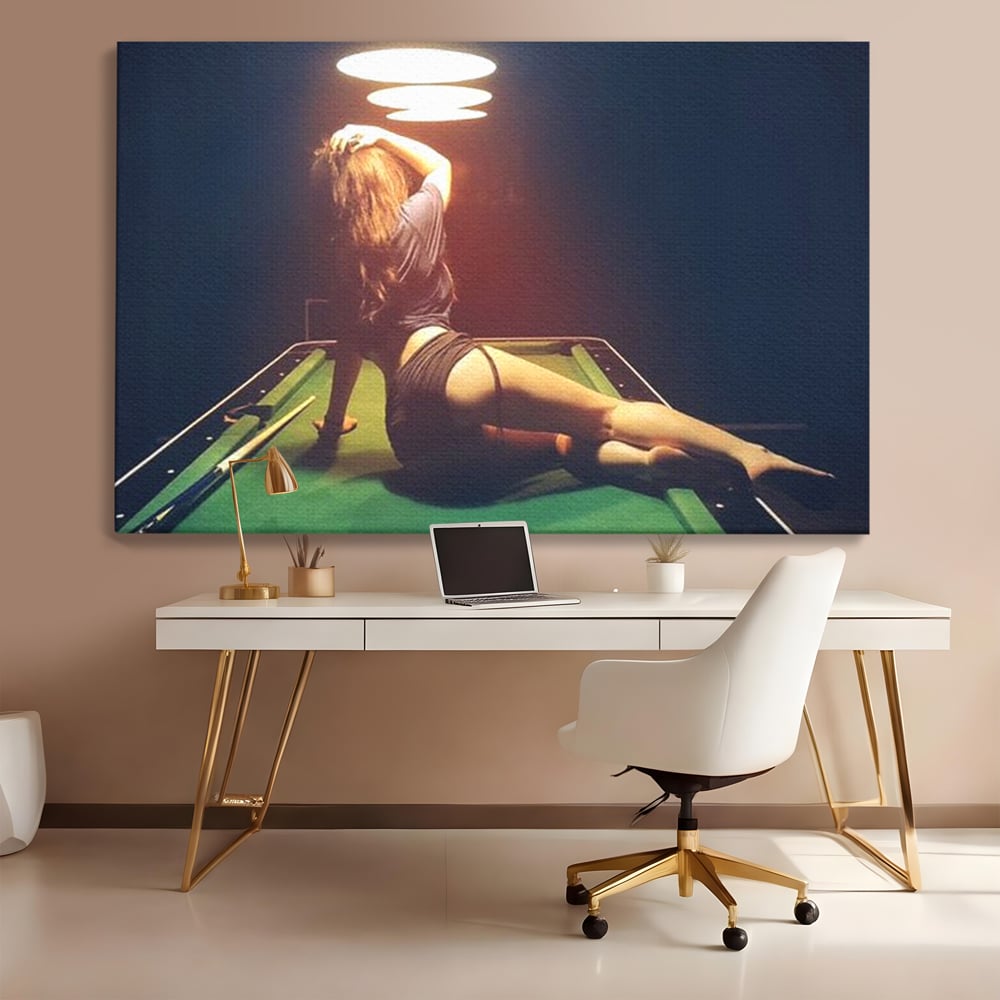 Leinwand Wandkunst Canvas Premium, LuxCanva® P1056, Billardtisch, Spiel, Zimmer, Nacht, Tisch, Grün, Silhouette, Silhouette, Atmosphäre, Spaß, sinnlich, filmisch, Queue, Kugeln, Abend, Wohnen, Schlafzimmer