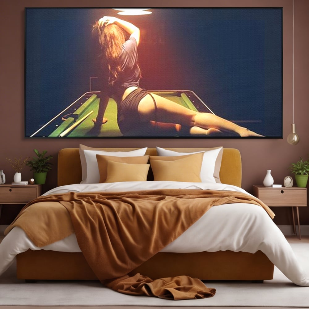 Leinwand Wandkunst Canvas Premium, LuxCanva® P1056, Billardtisch, Spiel, Zimmer, Nacht, Tisch, Grün, Silhouette, Silhouette, Atmosphäre, Spaß, sinnlich, filmisch, Queue, Kugeln, Abend, Wohnen, Schlafzimmer
