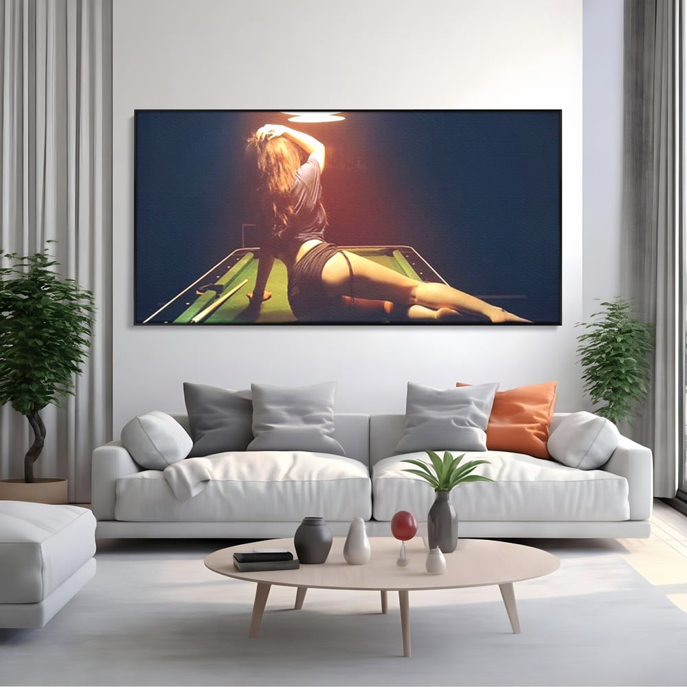 Leinwand Wandkunst Canvas Premium, LuxCanva® P1056, Billardtisch, Spiel, Zimmer, Nacht, Tisch, Grün, Silhouette, Silhouette, Atmosphäre, Spaß, sinnlich, filmisch, Queue, Kugeln, Abend, Wohnen, Schlafzimmer