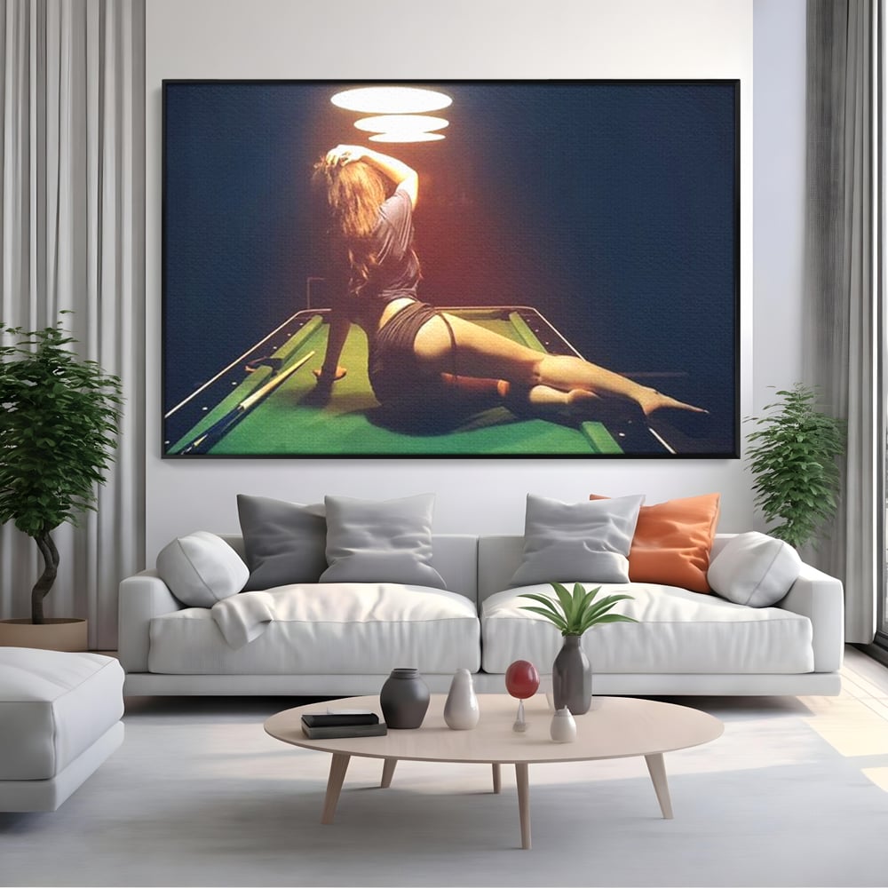 Leinwand Wandkunst Canvas Premium, LuxCanva® P1056, Billardtisch, Spiel, Zimmer, Nacht, Tisch, Grün, Silhouette, Silhouette, Atmosphäre, Spaß, sinnlich, filmisch, Queue, Kugeln, Abend, Wohnen, Schlafzimmer