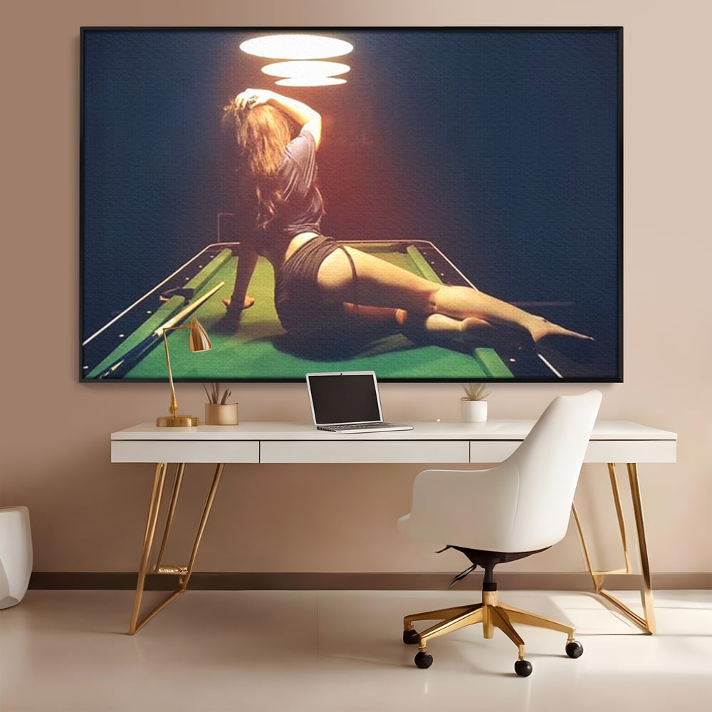 Leinwand Wandkunst Canvas Premium, LuxCanva® P1056, Billardtisch, Spiel, Zimmer, Nacht, Tisch, Grün, Silhouette, Silhouette, Atmosphäre, Spaß, sinnlich, filmisch, Queue, Kugeln, Abend, Wohnen, Schlafzimmer