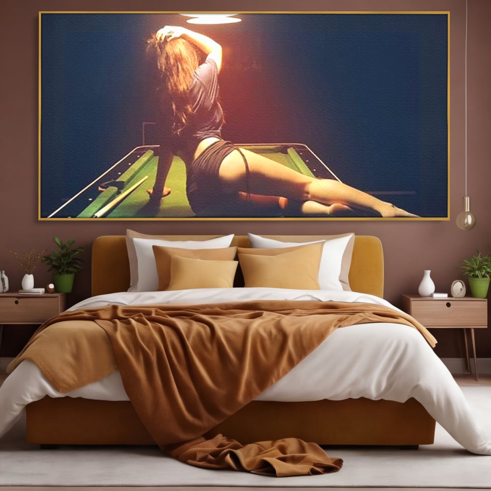 Leinwand Wandkunst Canvas Premium, LuxCanva® P1056, Billardtisch, Spiel, Zimmer, Nacht, Tisch, Grün, Silhouette, Silhouette, Atmosphäre, Spaß, sinnlich, filmisch, Queue, Kugeln, Abend, Wohnen, Schlafzimmer