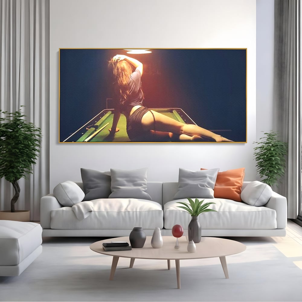 Leinwand Wandkunst Canvas Premium, LuxCanva® P1056, Billardtisch, Spiel, Zimmer, Nacht, Tisch, Grün, Silhouette, Silhouette, Atmosphäre, Spaß, sinnlich, filmisch, Queue, Kugeln, Abend, Wohnen, Schlafzimmer
