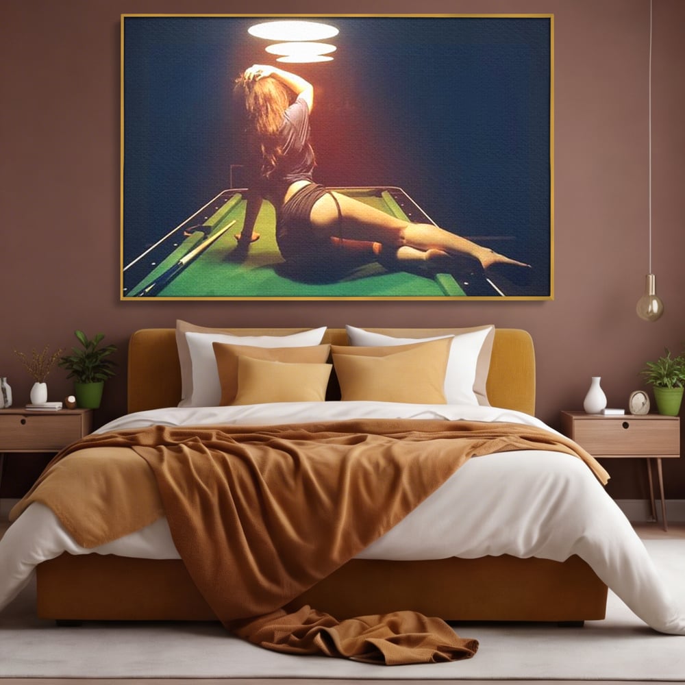 Leinwand Wandkunst Canvas Premium, LuxCanva® P1056, Billardtisch, Spiel, Zimmer, Nacht, Tisch, Grün, Silhouette, Silhouette, Atmosphäre, Spaß, sinnlich, filmisch, Queue, Kugeln, Abend, Wohnen, Schlafzimmer