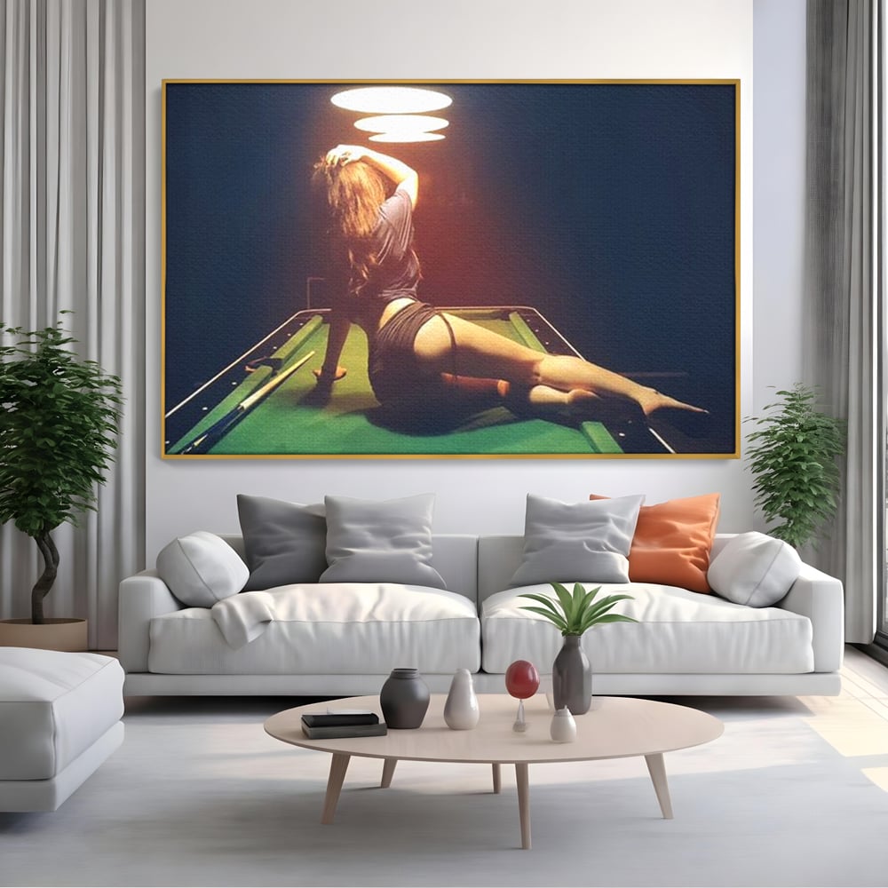 Leinwand Wandkunst Canvas Premium, LuxCanva® P1056, Billardtisch, Spiel, Zimmer, Nacht, Tisch, Grün, Silhouette, Silhouette, Atmosphäre, Spaß, sinnlich, filmisch, Queue, Kugeln, Abend, Wohnen, Schlafzimmer