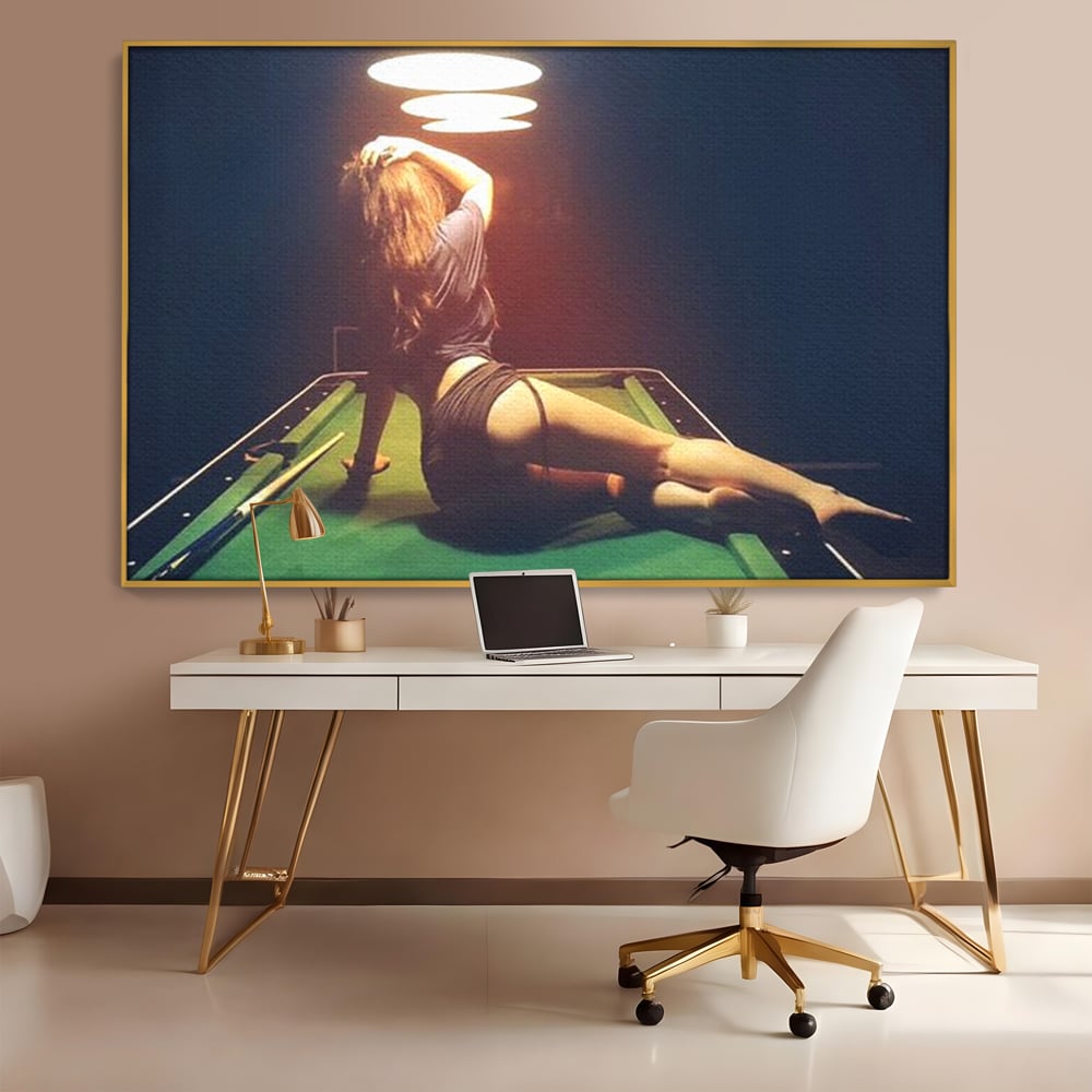 Leinwand Wandkunst Canvas Premium, LuxCanva® P1056, Billardtisch, Spiel, Zimmer, Nacht, Tisch, Grün, Silhouette, Silhouette, Atmosphäre, Spaß, sinnlich, filmisch, Queue, Kugeln, Abend, Wohnen, Schlafzimmer