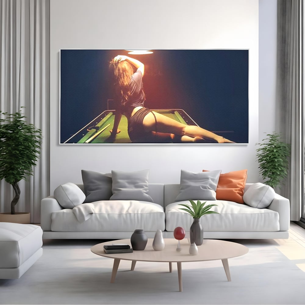Leinwand Wandkunst Canvas Premium, LuxCanva® P1056, Billardtisch, Spiel, Zimmer, Nacht, Tisch, Grün, Silhouette, Silhouette, Atmosphäre, Spaß, sinnlich, filmisch, Queue, Kugeln, Abend, Wohnen, Schlafzimmer