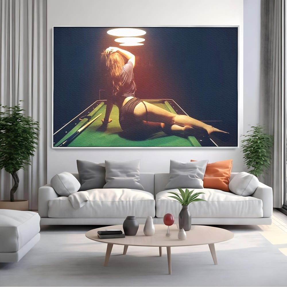Leinwand Wandkunst Canvas Premium, LuxCanva® P1056, Billardtisch, Spiel, Zimmer, Nacht, Tisch, Grün, Silhouette, Silhouette, Atmosphäre, Spaß, sinnlich, filmisch, Queue, Kugeln, Abend, Wohnen, Schlafzimmer