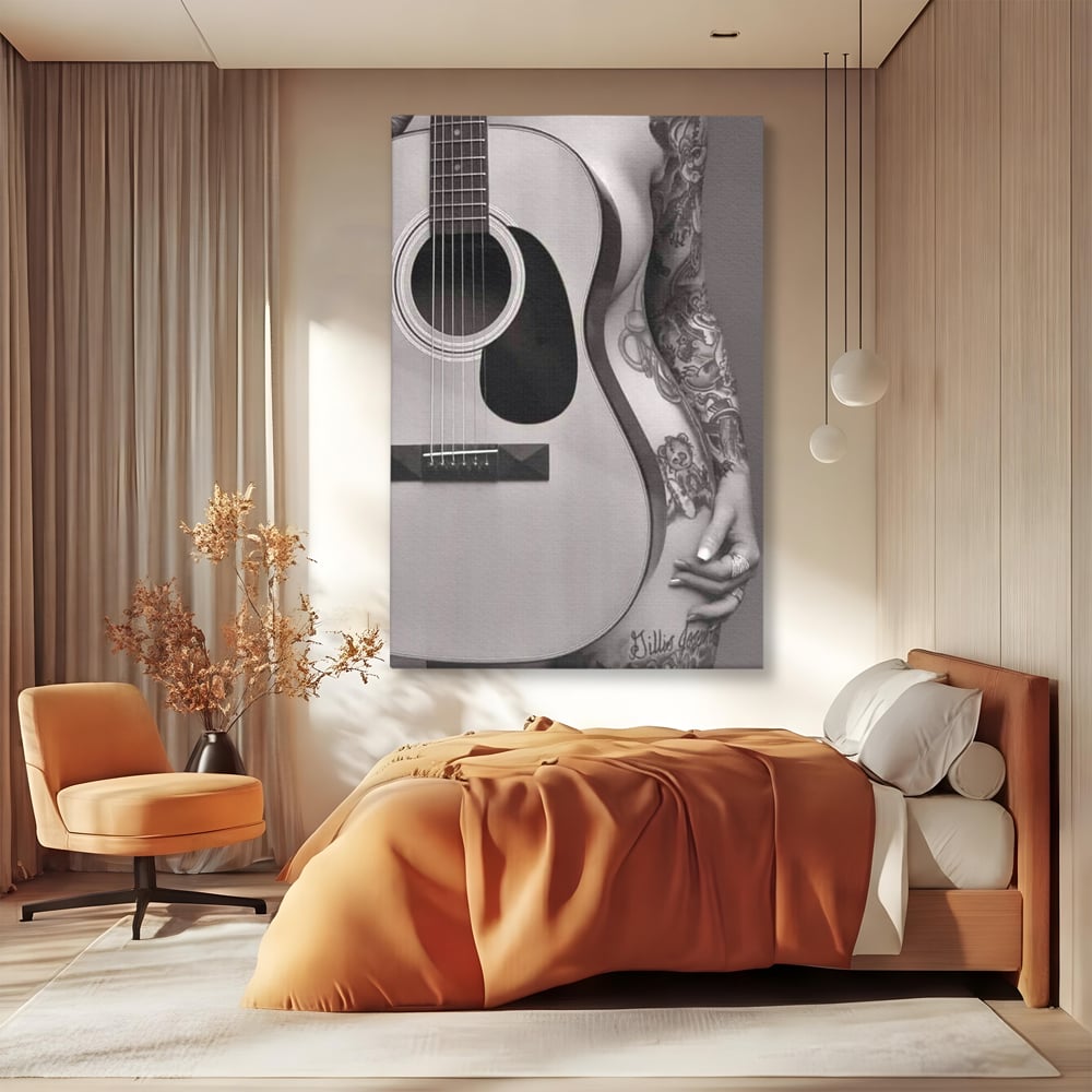 Leinwand Premium Canvas Wandkunst, LuxCanva® P1060, Instrument der Sünde, Gitarre, Silhouette, Körper, Sexy, Frau, Tattoos, Verführerisch, Schlafzimmer, Wohnzimmer