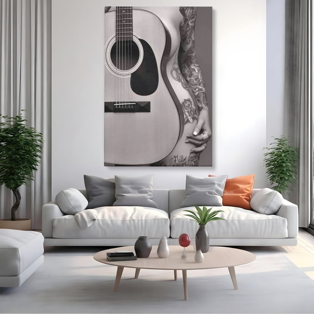 Leinwand Premium Canvas Wandkunst, LuxCanva® P1060, Instrument der Sünde, Gitarre, Silhouette, Körper, Sexy, Frau, Tattoos, Verführerisch, Schlafzimmer, Wohnzimmer