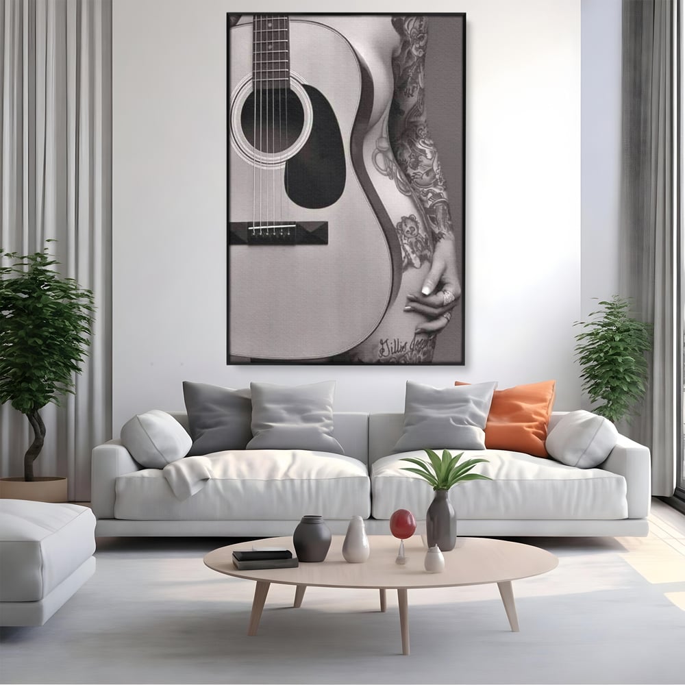 Leinwand Premium Canvas Wandkunst, LuxCanva® P1060, Instrument der Sünde, Gitarre, Silhouette, Körper, Sexy, Frau, Tattoos, Verführerisch, Schlafzimmer, Wohnzimmer