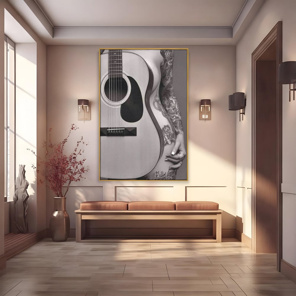 Leinwand Premium Canvas Wandkunst, LuxCanva® P1060, Instrument der Sünde, Gitarre, Silhouette, Körper, Sexy, Frau, Tattoos, Verführerisch, Schlafzimmer, Wohnzimmer