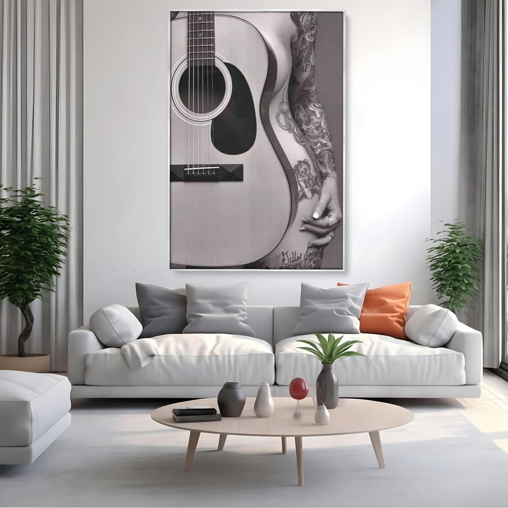 Leinwand Premium Canvas Wandkunst, LuxCanva® P1060, Instrument der Sünde, Gitarre, Silhouette, Körper, Sexy, Frau, Tattoos, Verführerisch, Schlafzimmer, Wohnzimmer