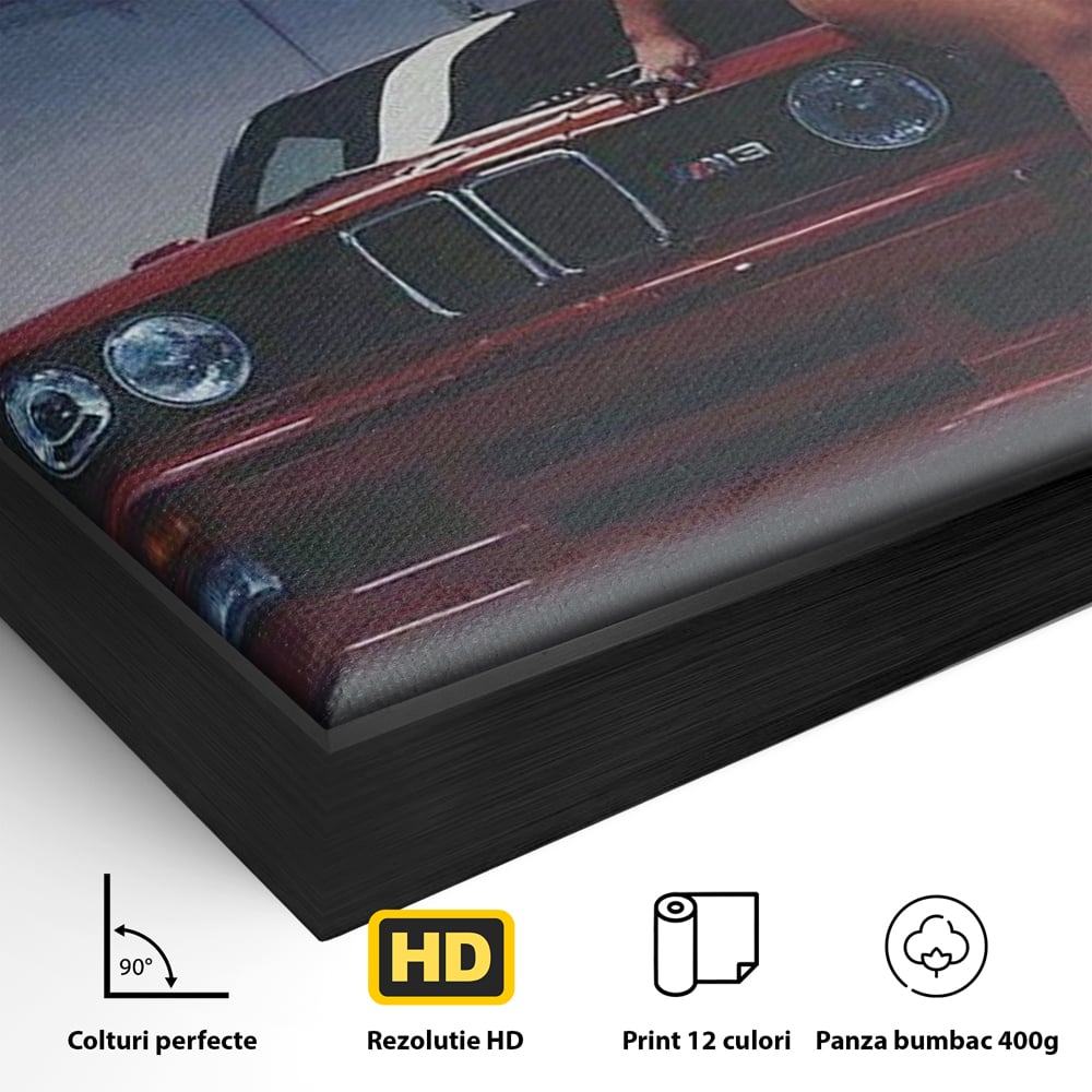 Leinwand Wandbild Canvas Premium, LuxCanva® P1062, Verführung auf vier Rädern, Auto, Rauch, Frau, Sexy, Absätze, Fersen, Verlangen, Körper, Leidenschaft, Urban, Schlafzimmer, Wohnen