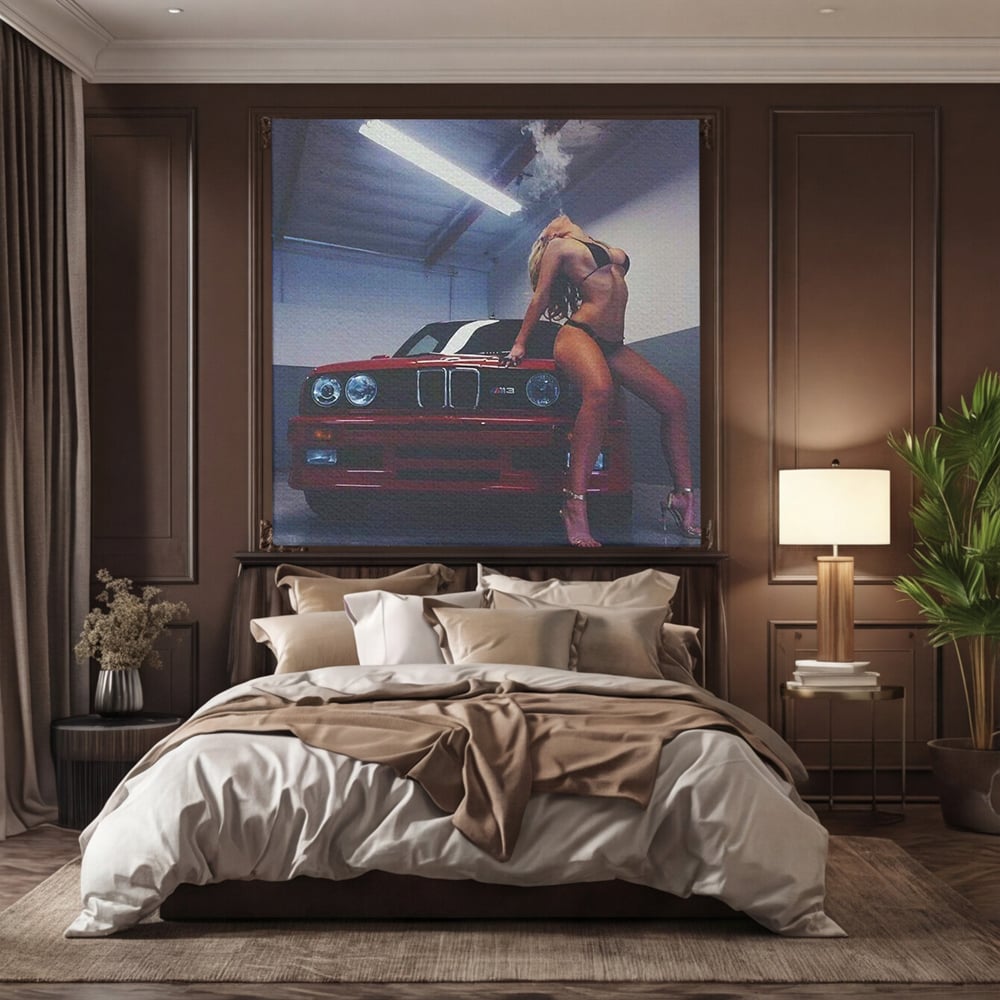 Leinwand Wandbild Canvas Premium, LuxCanva® P1062, Verführung auf vier Rädern, Auto, Rauch, Frau, Sexy, Absätze, Fersen, Verlangen, Körper, Leidenschaft, Urban, Schlafzimmer, Wohnen