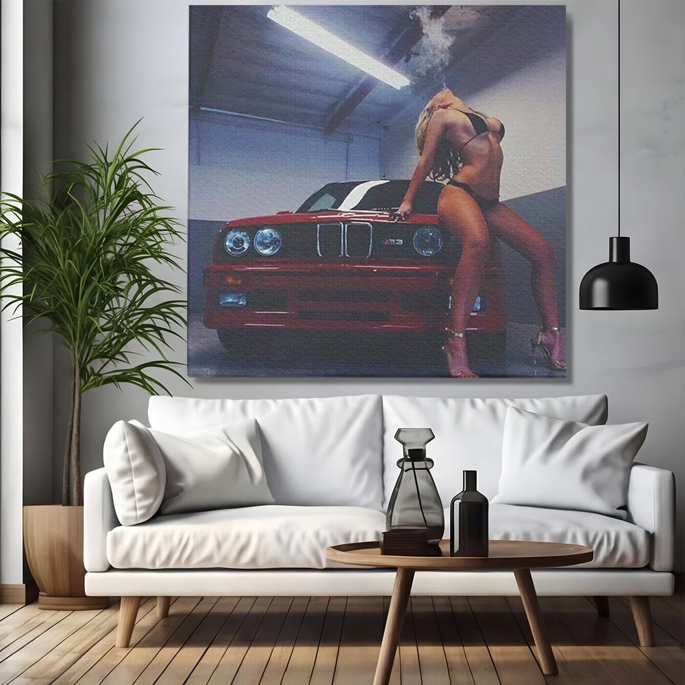 Leinwand Wandbild Canvas Premium, LuxCanva® P1062, Verführung auf vier Rädern, Auto, Rauch, Frau, Sexy, Absätze, Fersen, Verlangen, Körper, Leidenschaft, Urban, Schlafzimmer, Wohnen